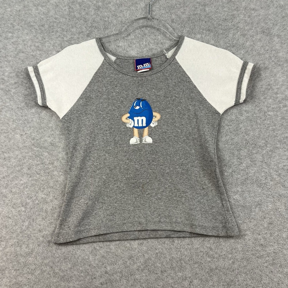 Vintage Y2K Womens M&Ms Baby Tee Shirt‎ Cartoon  Top 90s USA Blue Small Ribbed